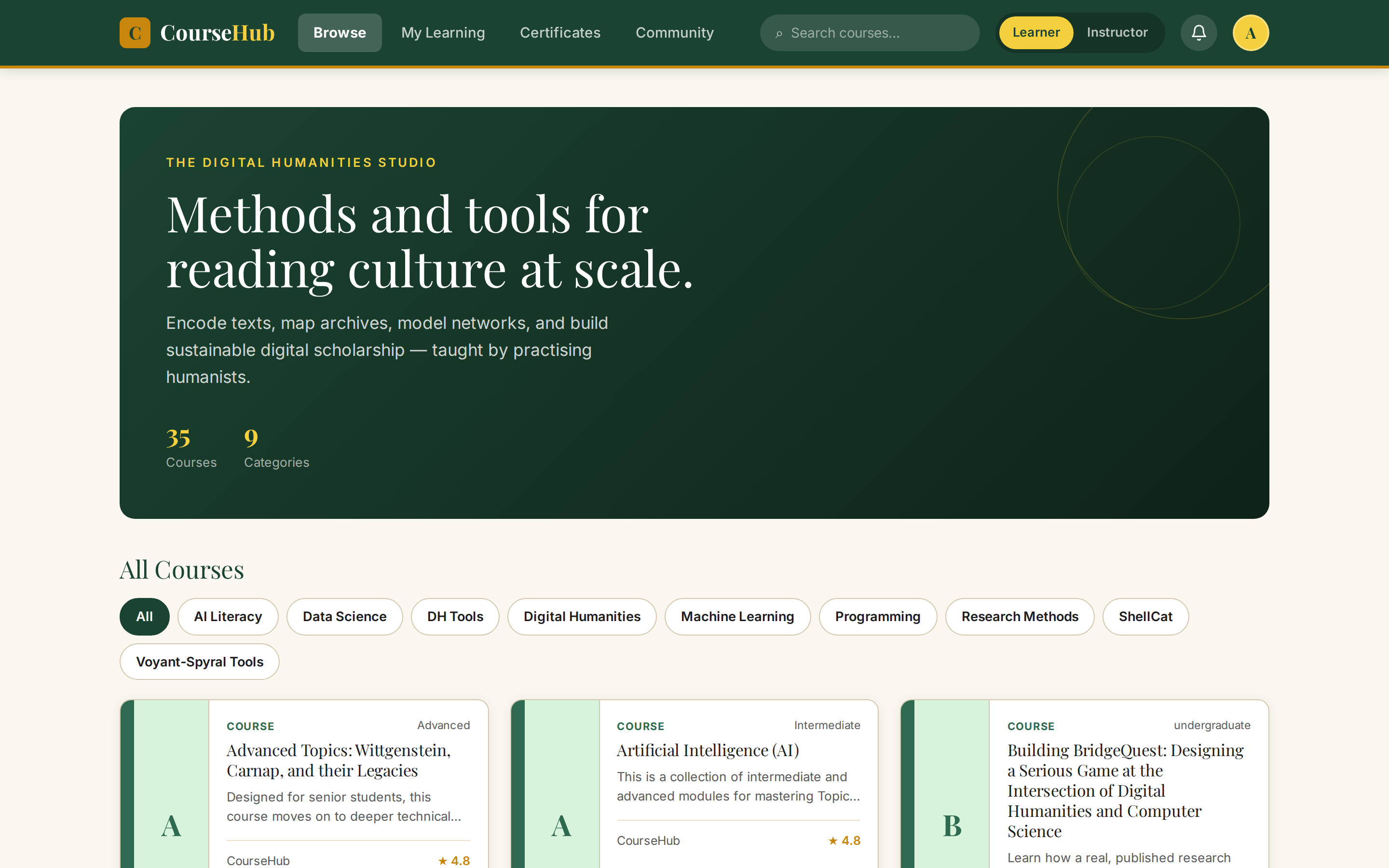 Course catalogue with 35 courses and category filters