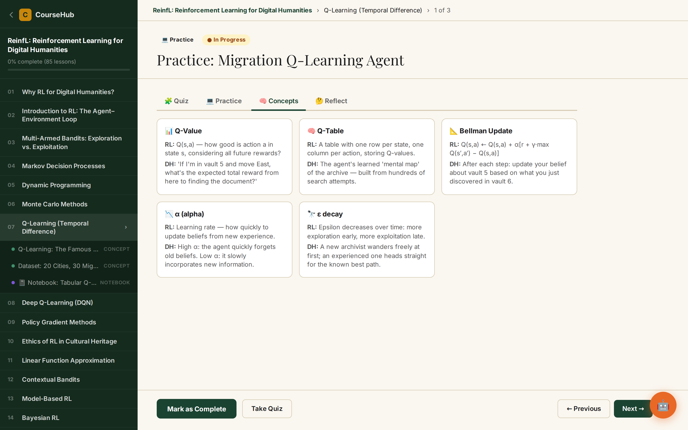 Lesson concepts tab with key terms explained in RL and DH contexts
