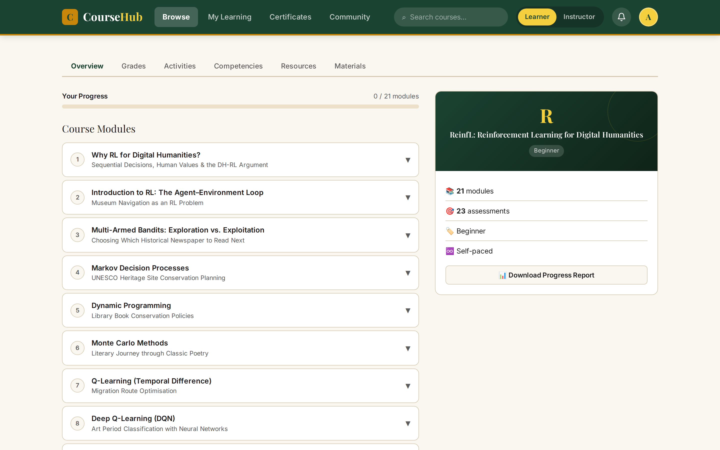 Course dashboard showing structured module list and progress